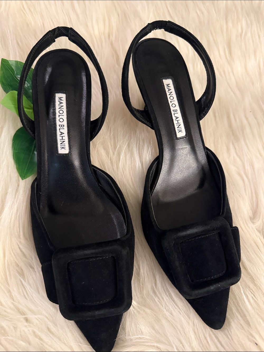 Manolo Blahnik Maysli Black Suede Buckle Slingbacks - Picture 2 of 11
